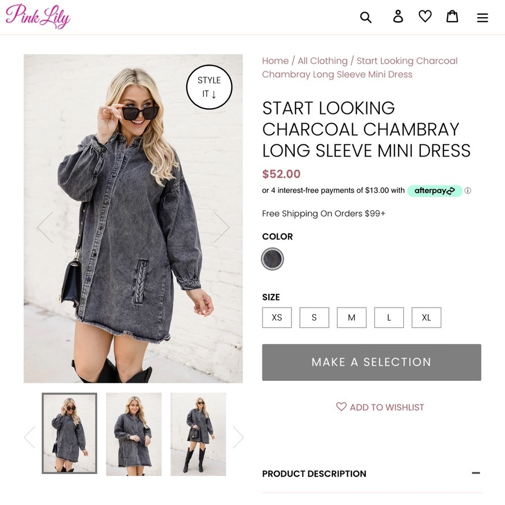 START LOOKING CHARCOAL CHAMBRAY LONG SLEEVE MINI DRESS